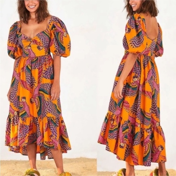 NWT FARM RIO Beaded Macaws Puff Sleeve Midi Dress Size XL
